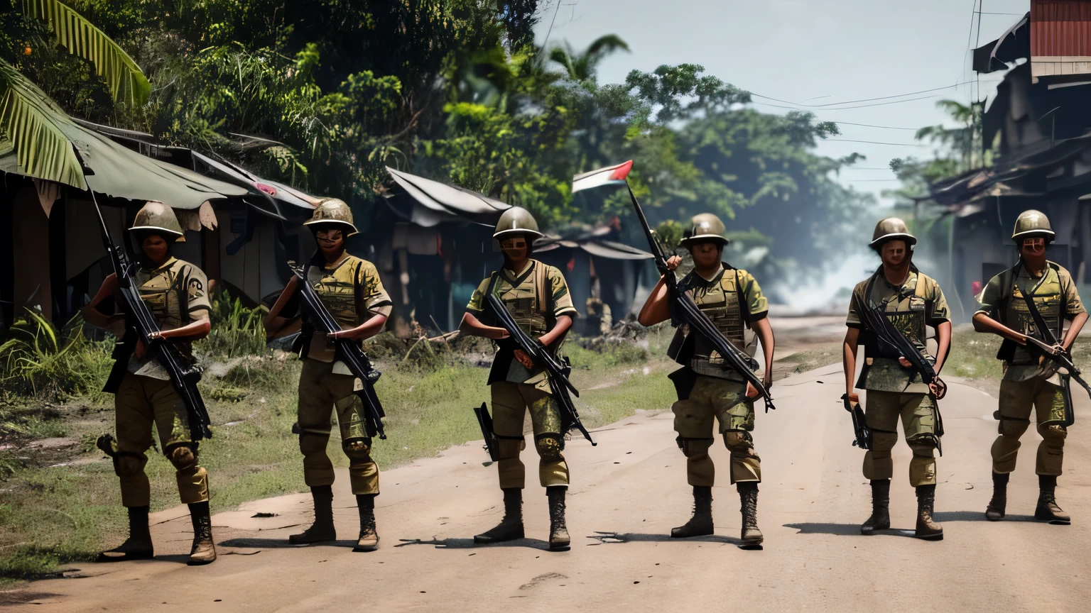 fallout, indonesia theme, post-apocalyptic, jakarta, nation, identic, vernacular, authentic, realistic, indonesia, fallout 4 style, a group of indonesian soldier saluting to a president, detailed