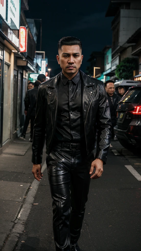 A handsome Indonesian mafia boss, is walking coolly with a bunch of mafia, wearing a shiny black leather jacket, Undercut hair is combed neatly, night road background, real photo, professional photo, clear photo, realistic photo, full HD, 4k