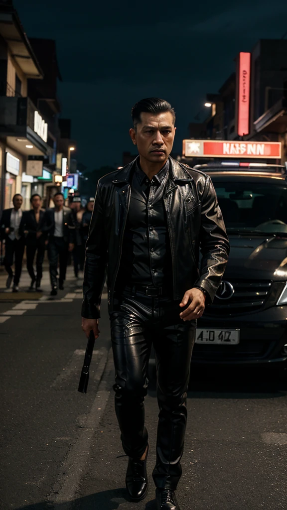A handsome Indonesian mafia boss, is walking coolly with a bunch of mafia, wearing a shiny black leather jacket, Undercut hair is combed neatly, night road background, real photo, professional photo, clear photo, realistic photo, full HD, 4k 