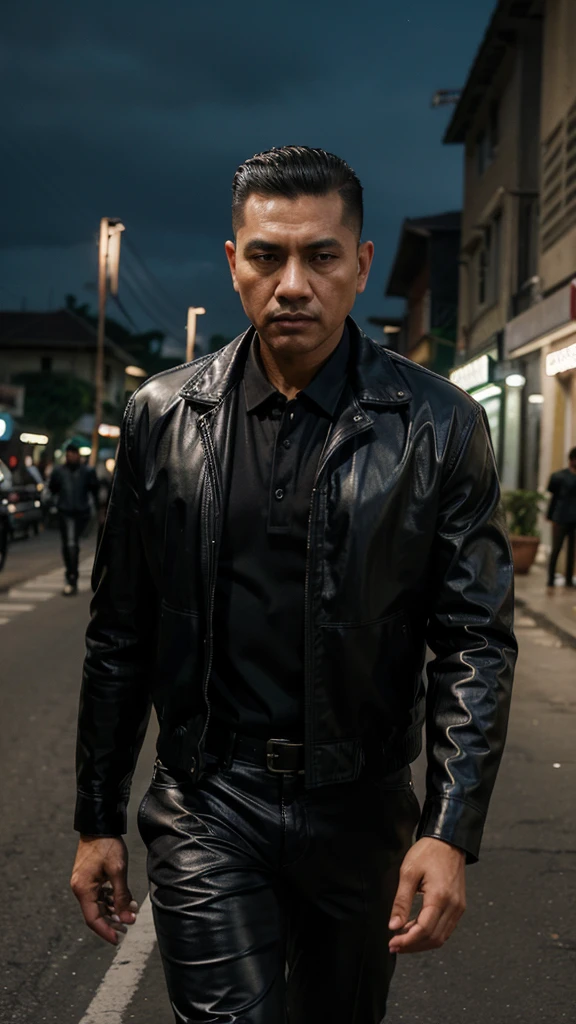 A handsome Indonesian mafia boss, is walking coolly with a bunch of mafia, wearing a shiny black leather jacket, Undercut hair is combed neatly, night road background, real photo, professional photo, clear photo, realistic photo, full HD, 4k