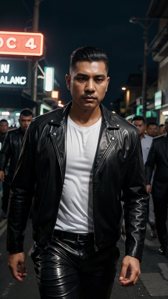 A handsome Indonesian mafia boss, is walking coolly with a bunch of mafia, wearing a shiny black leather jacket, Undercut hair is combed neatly, night road background, real photo, professional photo, clear photo, realistic photo, full HD, 4k 