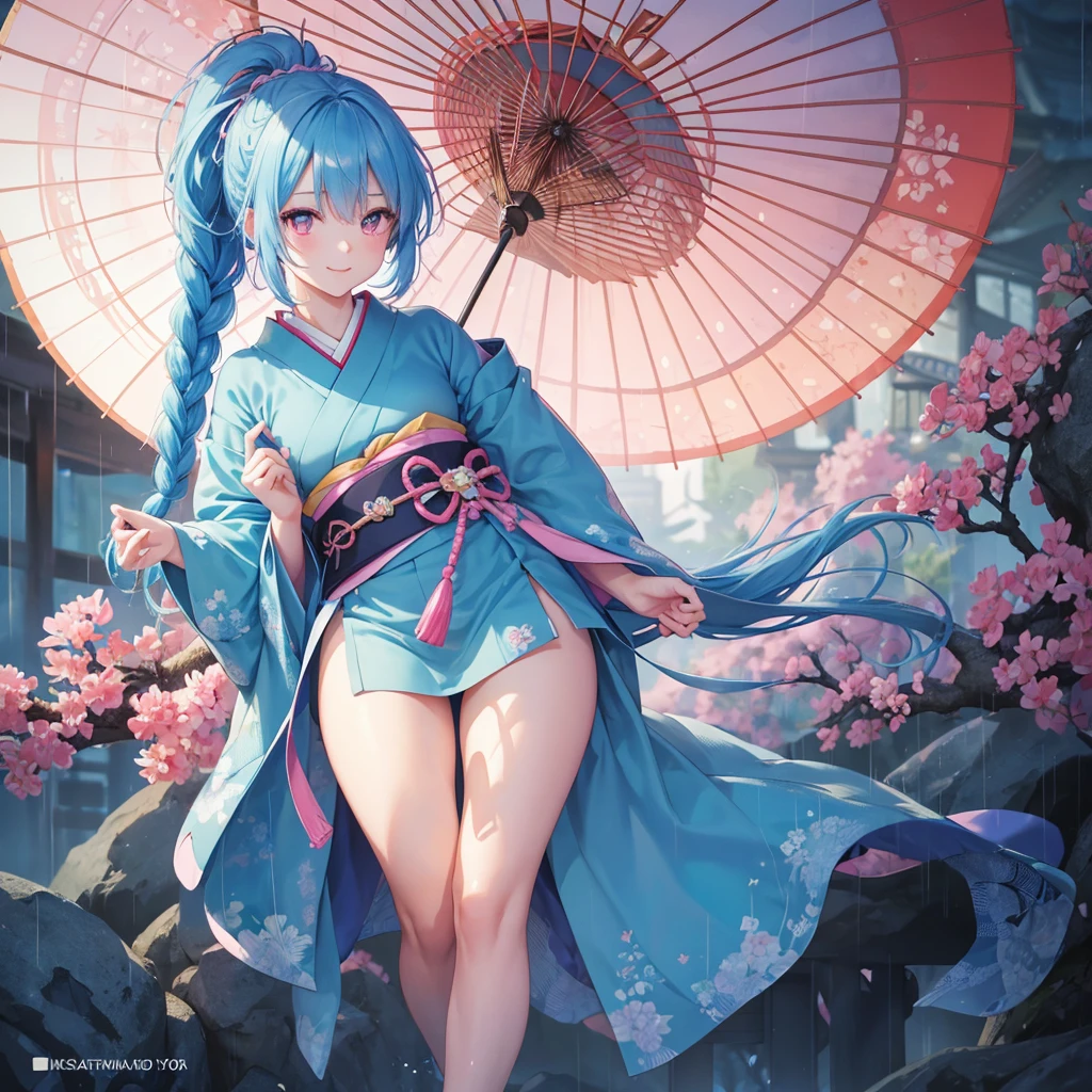 sky Blue hair, (braided ponytail),(pink eyes),fair skin ,(full body),(1 girl),smile,Straight Bangs,(masterpiece, best quality, ultra-detailed, best shadow), (detailed background), (beautiful detailed face), high contrast, (best illumination, an extremely delicate and beautiful), ((cinematic light)), colorful, hyper detail, dramatic light, intricate details,bright,rain shower,kyoto,Japanese Umbrella,