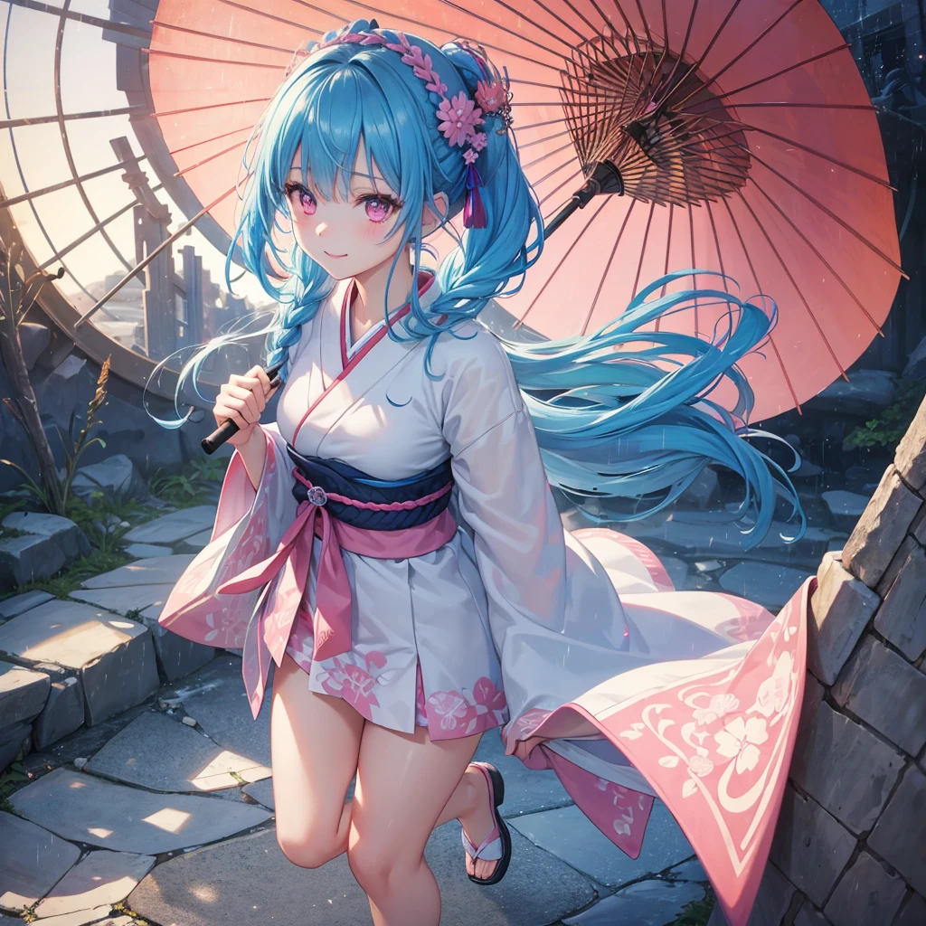 sky Blue hair, (braided ponytail),(pink eyes),fair skin ,(full body),(1 girl),smile,Straight Bangs,(masterpiece, best quality, ultra-detailed, best shadow), (detailed background), (beautiful detailed face), high contrast, (best illumination, an extremely delicate and beautiful), ((cinematic light)), colorful, hyper detail, dramatic light, intricate details,bright,rain shower,kyoto,Japanese Umbrella,