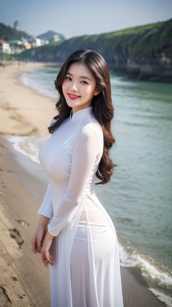 detailed body, attractive body, perfect human body, realistic face,
(ultimate quality, masterpiece, highres:1.0), realistic:1.6, photorealistic,
[8k UHD photos, UHD high quality photos, Super detailed and super clear images],
Close-up of a Vietnamese girl with a beautiful face and balanced body, leggy, round face, big round eyes, Charming smile, Red lips, long curly eyelashes, big dimples, pointed chin, plump face, Her face resembles QuynhHuong x QuynhAlee, Tall and plump figure,
wearing a bright and white shiny satin ao dai, standing beside the beach, pose sexy,
Satin ao dai,