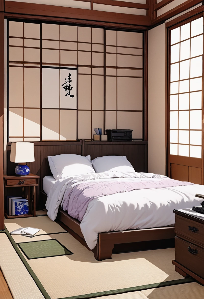 ((background only)),(masterpiece , best quality , detailed),((japanese-style room)),bed room, mac-book,bed,vase,
desk
