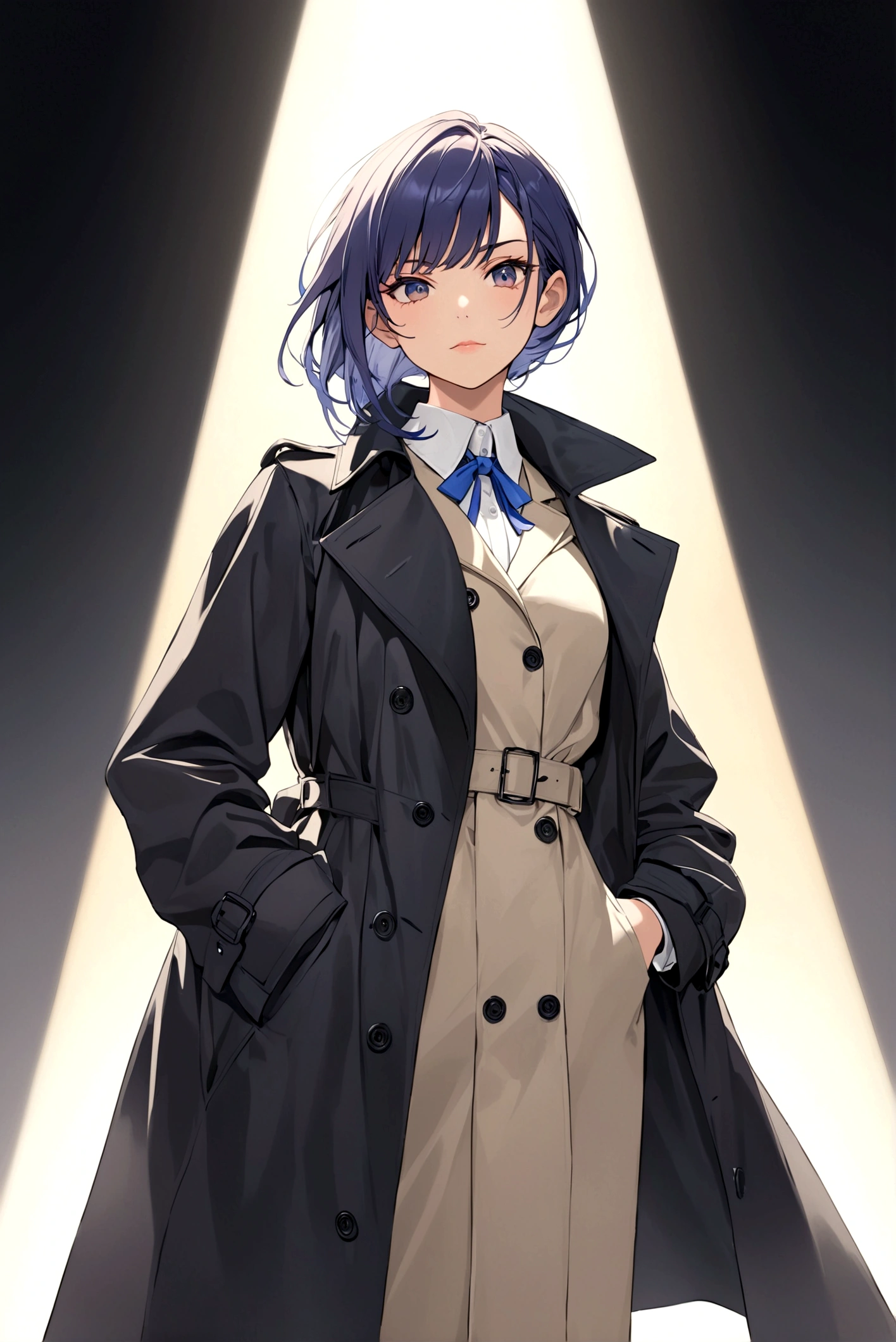 Hands in pockets,Exquisite facial features,Young women，Black trench coat