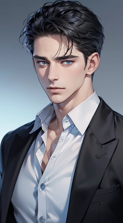 (best quality, masterpiece, 8K, photorealistic, cinematic lighting, 1:4 hdr image, ultra detailed, beautiful image), a mature man, 34 years very handsome, ((cold expression)), short black hair, blue eyes, face perfect without mistakes, ((buttoning his jacket, CEO))