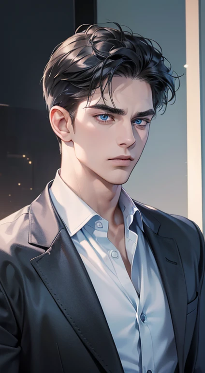 (best quality, masterpiece, 8K, photorealistic, cinematic lighting, 1:4 hdr image, ultra detailed, beautiful image), a mature man, 34 years very handsome, ((cold expression)), short black hair, blue eyes, face perfect without mistakes, ((buttoning his jacket, CEO))