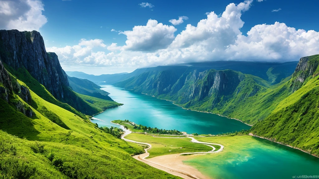 Masterpiece, ultimate quality, Cg unity 8k wallpaper, super delicate, beautiful sky and clouds, rich natural scenery, cliffs, lakes and rivers, waterfalls and flying water, beautiful green mountains, no trace of people, excellent scenery, has already won a photo contest, background Blurring, full depth of field, HDR high dynamics, true restoration, intricate, extreme details, dramatic presentation, perfectly presenting the style of midjourney art.