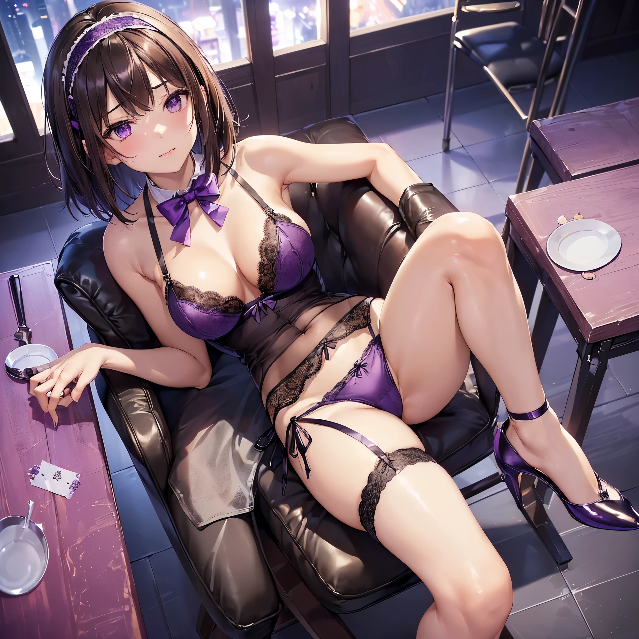 (((masterpiece, Highest quality, High resolution, 超High resolution, Perfect Pixel, Depth of written boundary, 4K, RTTX 10.0))), Beautiful Anime Women, Beautiful art style, Anime characters, ((Smooth texture, Realistic texture, Anime CG Style)), Exact finger count、Exact number of legs、(Exact number of arms:1.0, Exact number of hands:1.0), (Perfect hands, Perfect Anatomy), Cinematic, Realistic, Extremely detailed CG, Daytime lighting, Perfect lighting, Best Shadow, The best natural light, whole body, Perfect body, (Slender body:1.2), ((Long Hair, bangs, Dark brown hair, Stylish hairstyle, Bobcut)), ((二人のcute女性はセクシーに飲み物を運んでいる:1.6)), ((With two people:1.0)), beauty, cute, ((Bow tie around neck, High heels:1.3), (セクシーでcute紫下着:1.3), (Stylish shiny purple satin panties, Side-tie panties, The panties are plain purple in the center and lace on the sides.:1.3), (Thin panties:1.3), (Purple micro lace satin bra, Thin bra:1.3), (garter belt, Knee socks:1.3):1.3), (beautiful and very large breasts:1.2), (Beautiful and thin thighs:1.3), (Short torso:1.3), Feeling embarrassed, (blush:1.2), (Very embarrassed look:1.4), (Inside a stylish bar, Carry drinks, A busy store, counter, Chair, Night view:1.3), naked, In underwear, Waitress in underwear, (Maid Headband:1.2), whole body, Angle from the front