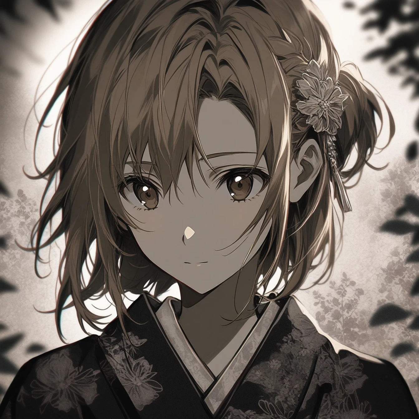 Beautiful anime portrait,Brown monochrome,Oriental Wallpaper,Pink,Feeling,very anime style,1girl, Asuna, Sword Art Online,Flowers,Close-up,Soft Light,Rich in details,The expression is firm,Kimono decoration,Background blur,Vivid colors,情Feeling深沉,front,Brown eyes