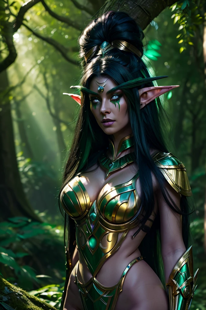 (((Masterpiece, high quality )))), premium quality, elf, long flowing black hair, green eyes, purple skin, sculpted body, short battle armor with gold and black accents, large gold and emerald green head bow, in a light green forest, butterflies glowing, large tree roots ((cinematic light))))))