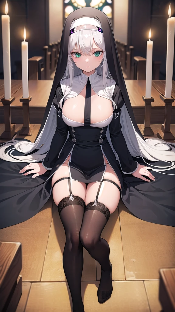 Masterpiece, top quality, best quality, official art, beautiful and aesthetic, anime, 1girl,extremely detailed, colorful, more detailed ((ultra-detailed)), (highly detailed CG illustration),Best Quality, High resolution, Unity 8k Wallpaper, (Illustration:0.8),extra detailed face,deteiled eyes,sharp, Perfect Lighting, extremely details CG, (Perfect hands, Perfect ???????), church, benches, icons, candles, dark light, crosses, 1girl, nun,long white hair,green eyes,long robe,medium ??????,skinny fit,long legs,stockings,stocking suspenders,thighs,in middle,looking in camera,laying on floor, from above.