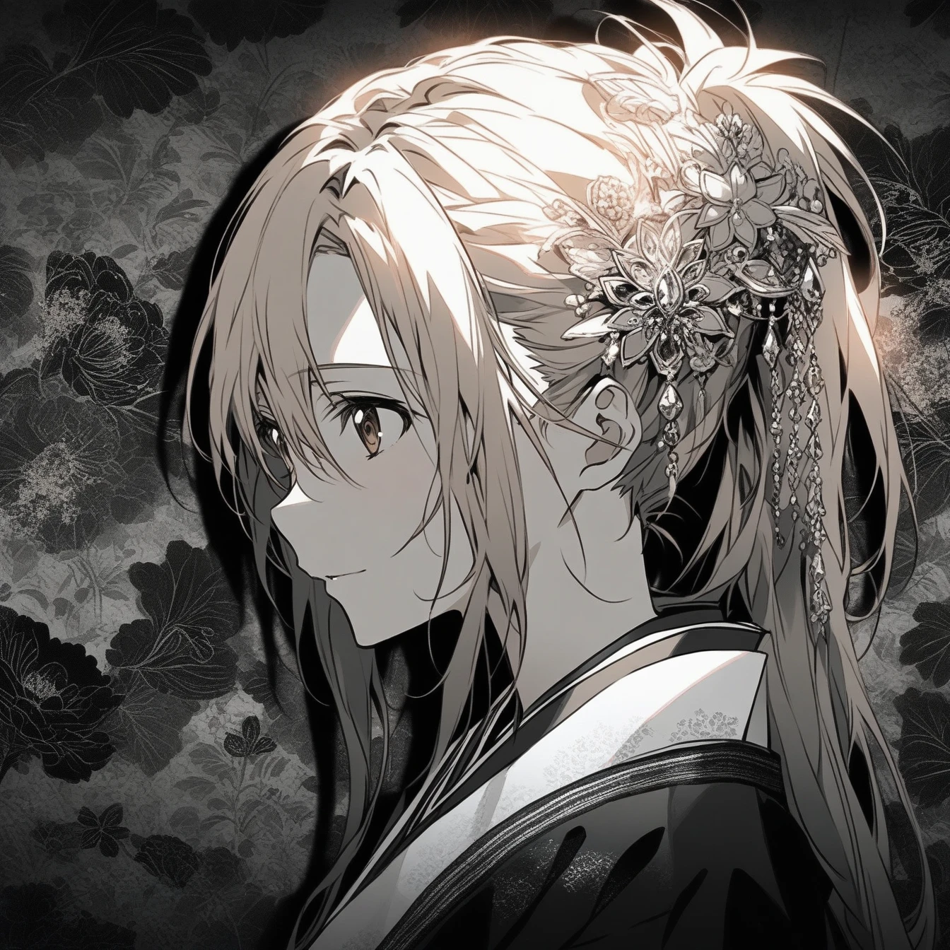 Beautiful anime portrait,Brown monochrome,Oriental Wallpaper,Pink,Feeling,very anime style,1girl, Asuna, Sword Art Online,Flowers,Close-up,Soft Light,Rich in details,The expression is firm,Kimono decoration,Background blur,Vivid colors,情Feeling深沉,front,Brown eyes