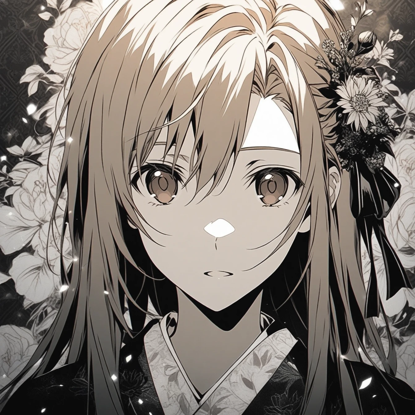 Beautiful anime portrait,Brown monochrome,Oriental Wallpaper,Pink,Feeling,very anime style,1girl, Asuna, Sword Art Online,Flowers,Close-up,Soft Light,Rich in details,The expression is firm,Kimono decoration,Background blur,Vivid colors,情Feeling深沉,front,Brown eyes