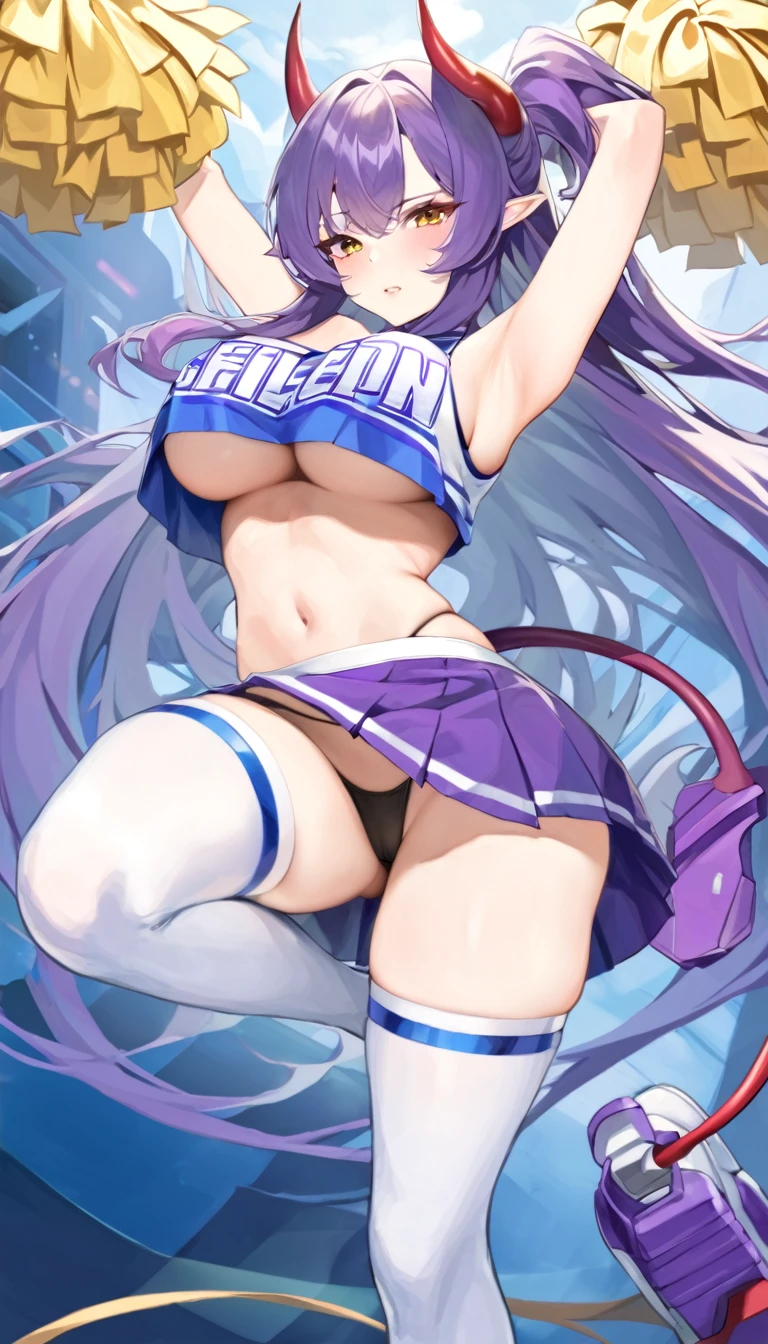 female character in a thong, with long hair and long legs in a futuristic setting, 1girl, pom pom (cheerleading), cheerleader, breasts, horns, solo, skirt, navel, long hair, armpits, crop top, large breasts, tail, pointy ears, purple hair, panties, underboob, highleg panties, underwear, arms up, thigh strap, thighhighs, holding pom poms, demon tail, midriff, purple skirt, miniskirt, looking at viewer, highleg, very long hair, blush, clothes writing, crop top overhang, black panties, oni horns, pleated skirt, sleeveless, shoes, jewelry, st