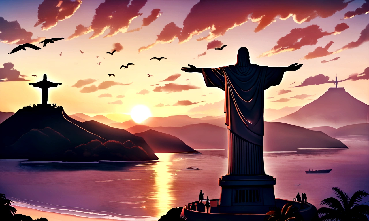 beach, sunset, statue of Christ the Redeemer on top of a mountain, Rio de Janeiro, Brazil, samba, birds in the sky