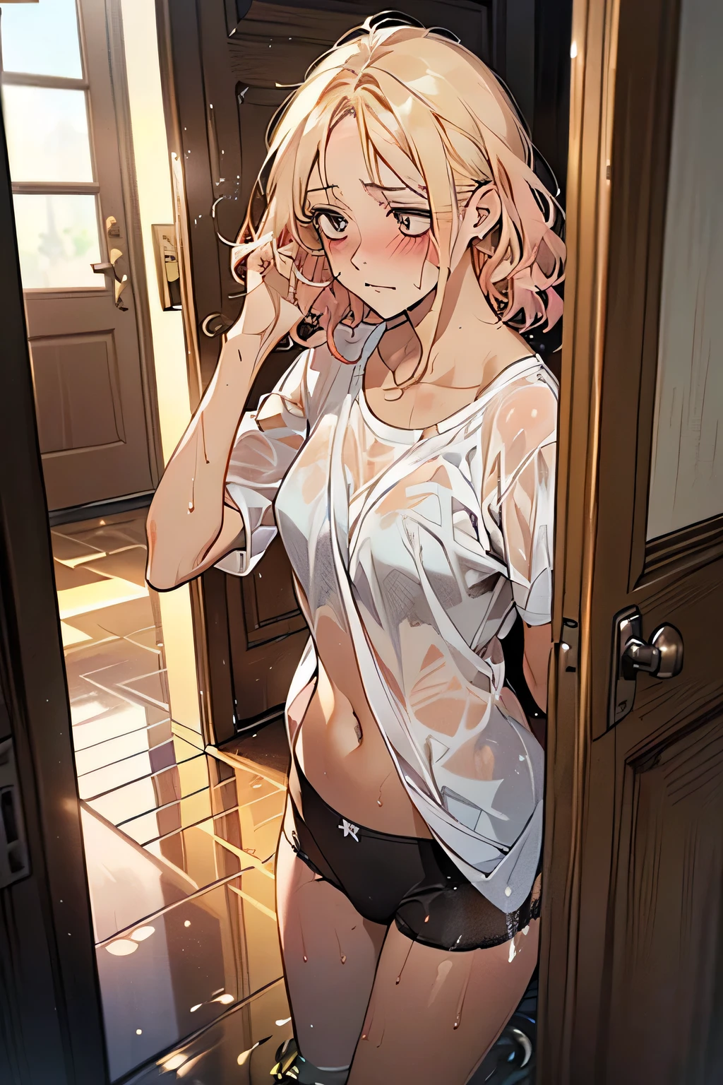 ((Blonde))，((blush:1.4))，((Brown Skin:1.5)),Soaking wet，((Soaking wetのシースルーの白いワンピース:1.5))，Black underwear，The background is the front door of the house、Floors that are wet with water.