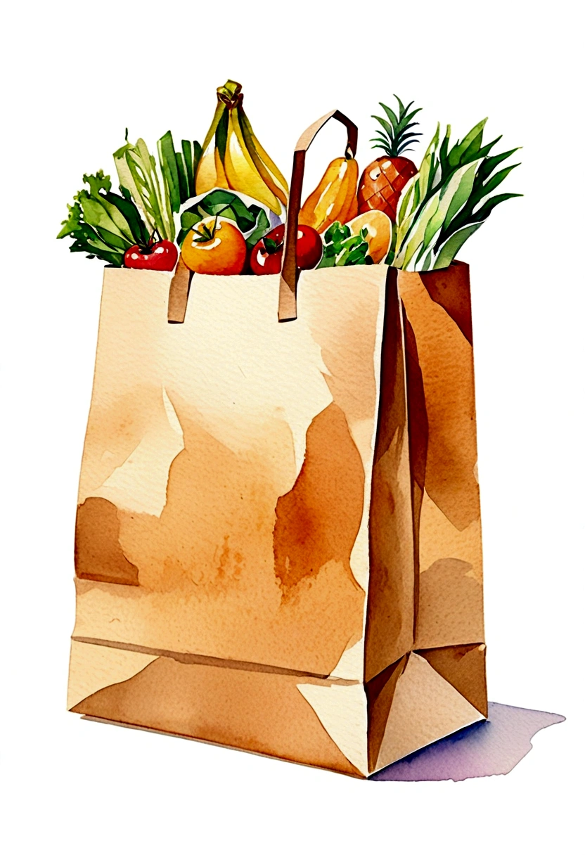 ((best quality)), ((masterpiece)), (detailed), loose watercolor, minimalist, create a picture of a cartoon grocery paper bag full of a lot healthy food, against plain brilliant white background, isolated, fresh, tasty, delicious, vibrant color. the grocery paper bag is sitting on a white brilliant surface, detailed