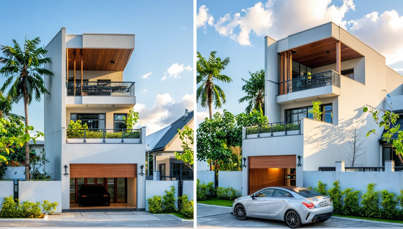 raw photo, Masterpiece, high quality, best quality, authentic, super detail, outdoors, onestoreyvillaXL, aiaigroup, house style modern on the street ,stairs, white wall ,road,pavement, grass, trees, sky, cloud, (daylight:1.1)