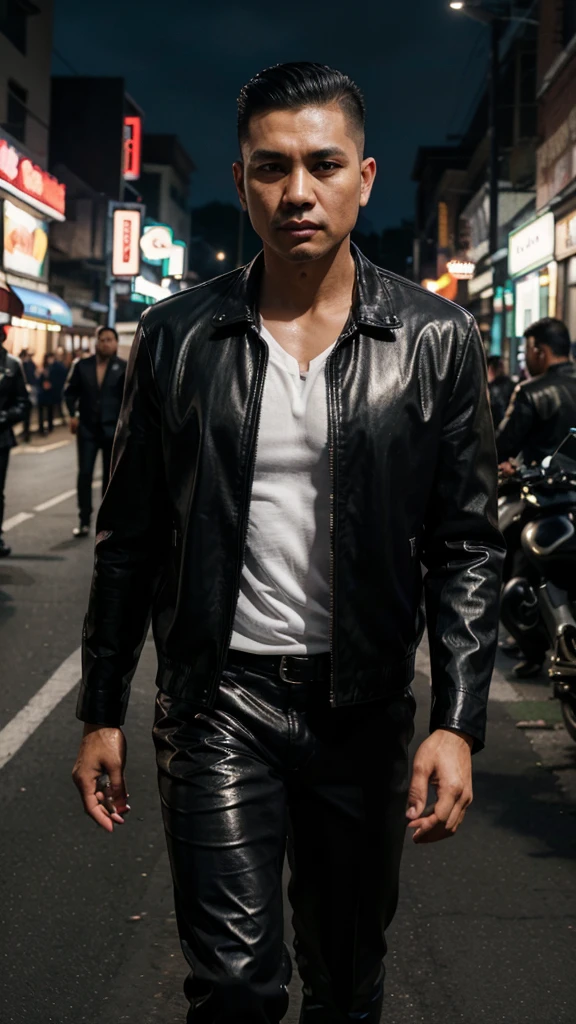 A handsome Indonesian mafia boss, is walking coolly with a bunch of mafia, wearing a shiny black leather jacket, Undercut hair is combed neatly, night road background, real photo, professional photo, clear photo, realistic photo, full HD, 4k 