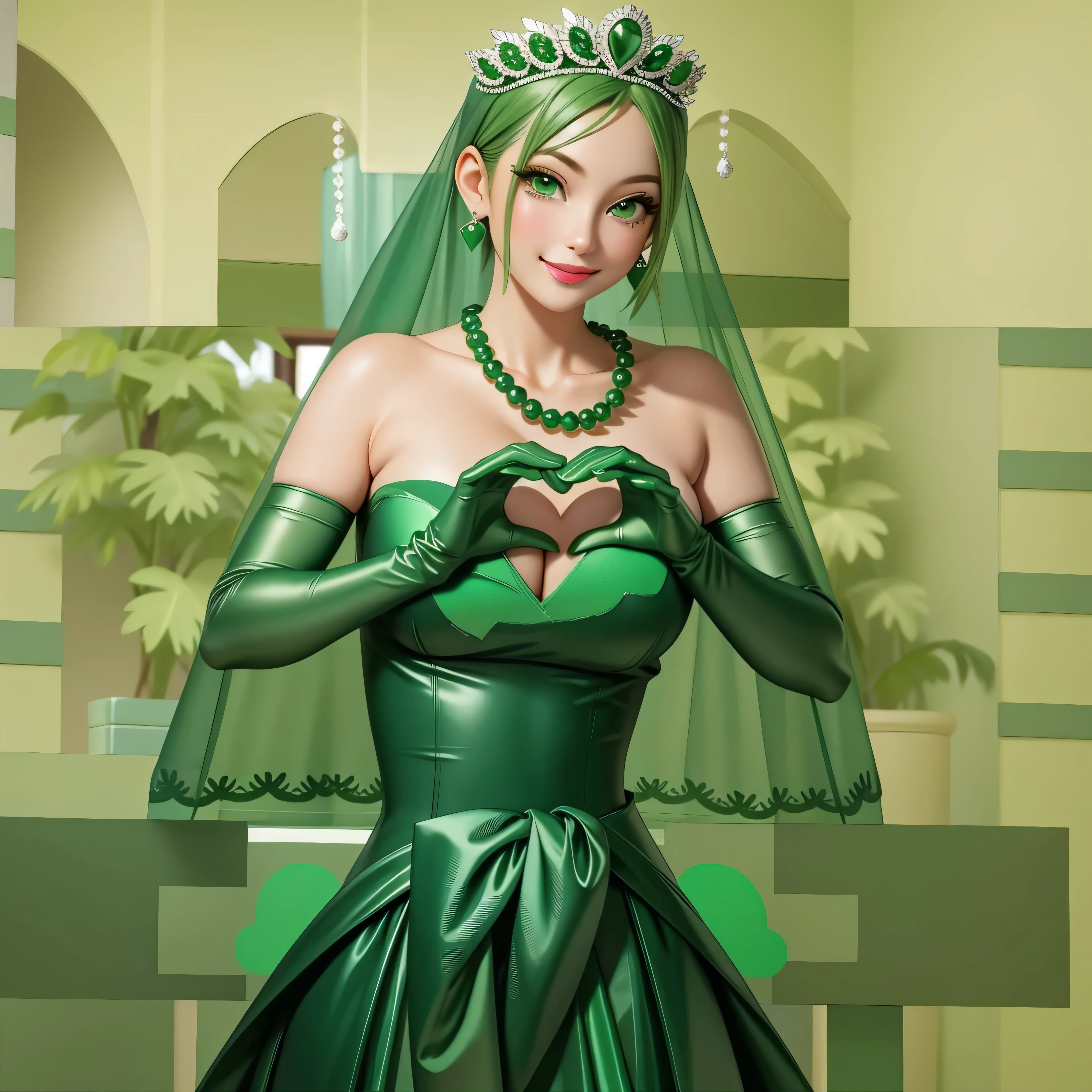emerald tiara, Green Pearl Necklace, Boyish very short green hair, Green Lips, Smiling Japanese woman, Very short hair, Busty beautiful lady, Green Eyes, Green satin long gloves, Green Eyes, Emerald Earrings, Green veil, Heart with both hands, Green Hair, Beautiful Japanese Women, Heart shaped hands:1.3, green lip gloss