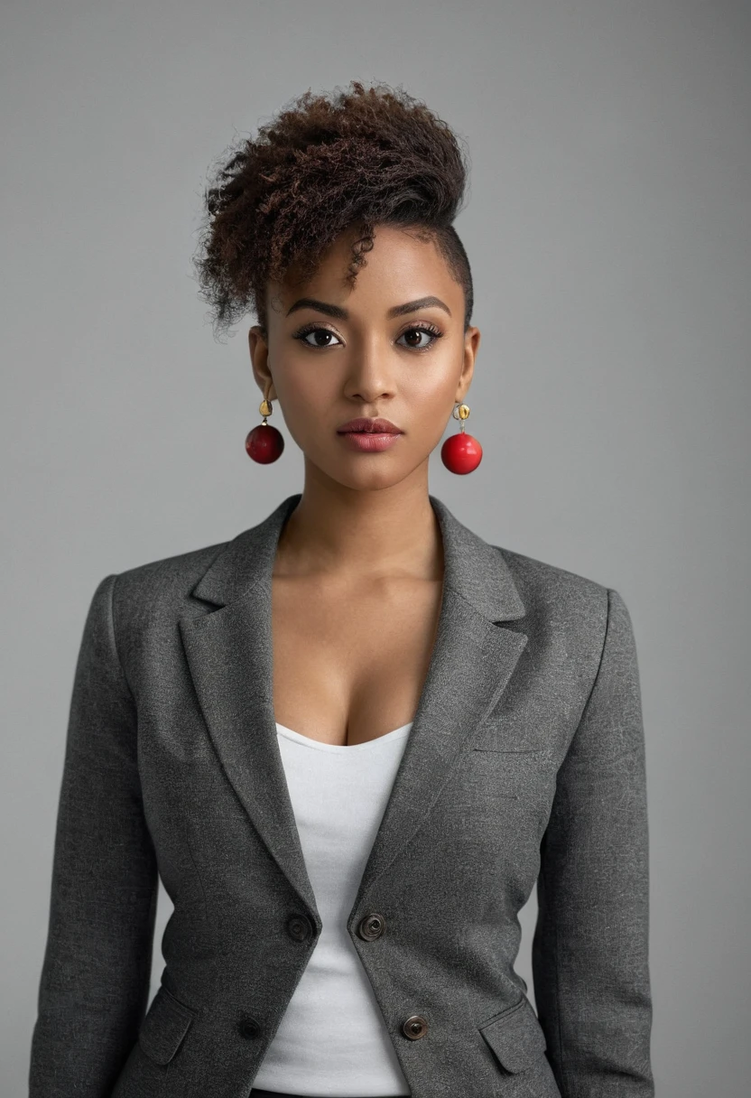 1 girl, epicrealism, Still cinematic, (((striking facial features))), Charming African-American woman, (((black female))), (((face neutral))), (((Cropped hair))), (((very dark skin))), (((busty black females))), (((boxum girl))), (((big pressed together))), (((afro hair ))), make up, (((wearing blazer))), (((wearing pencil skirt))), (((Tao Splash earrings in gold))), (((facefocus))), good white balance, (two cinematic light sources in opposite directions), (two volumetric light sources in opposite directions), (natural shading), (((Neutral gray backdrop))), (((black and white photo with only the colored red sphere))), Shot on Hasselblad X2D 100C, 80mm lense, Depth of field, bokeh, Film grain, vivid color, female poses, expressive female portrait, (((full body shot shot)))
