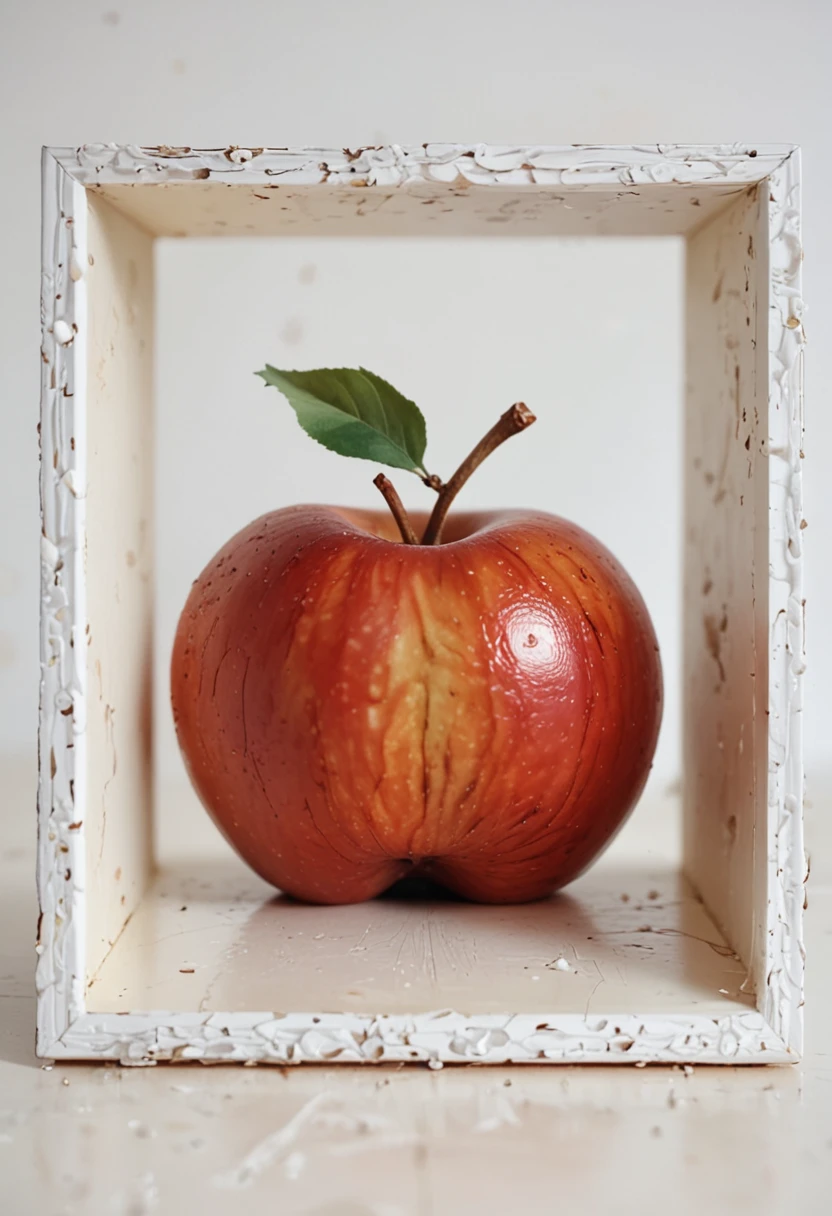 a single apple in the center of the image, it is cut and inside it the texture is orange. White background