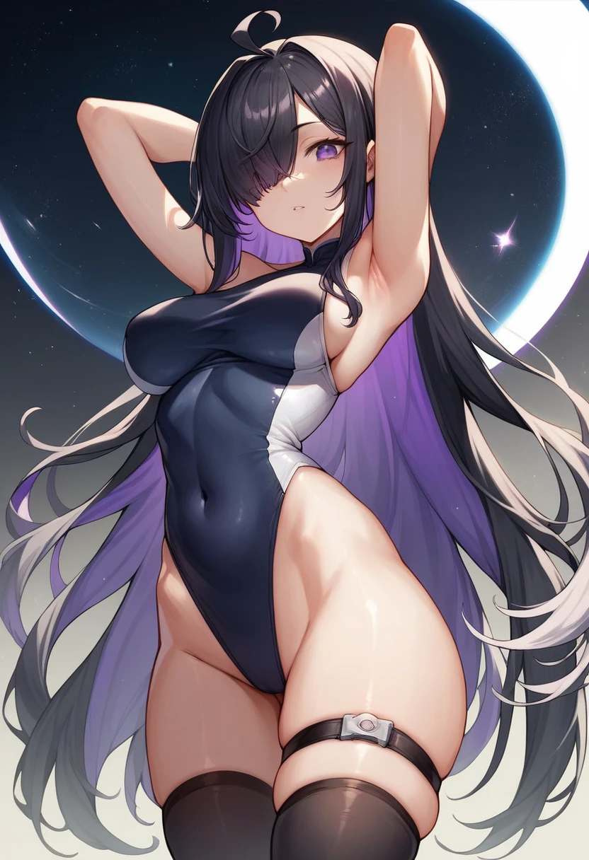 wallpaper cute asian woman in swimsuit in space - aivamay, 1girl, breasts, solo, armpits, black hair, purple eyes, long hair, arms behind head, covered navel, arms up, skindentation, thigh strap, multicolored hair, colored inner hair, looking at viewer, ahoge, very long hair, hair over one eye, thighhighs
