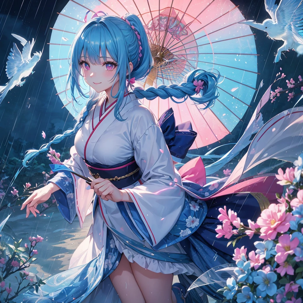 sky Blue hair, (braided ponytail),(pink eyes),fair skin ,(full body),(1 girl),smile,Straight Bangs,(masterpiece, best quality, ultra-detailed, best shadow), (detailed background), (beautiful detailed face), high contrast, (best illumination, an extremely delicate and beautiful), ((cinematic light)), colorful, hyper detail, dramatic light, intricate details,bright,rain shower,kyoto,Japanese Umbrella,