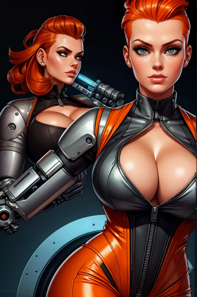 gorgeous mechanic, atompunk, blank background, retro-futurism, mechanical hand, cybernetic augments, unzipped orange jumpsuit, gunmetal grey, cleavage, half shaved head, ginger hair