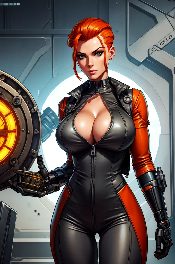 gorgeous mechanic, atompunk, blank background, retro-futurism, mechanical hand, cybernetic augments, unzipped orange jumpsuit, gunmetal grey, cleavage, half shaved head, ginger hair