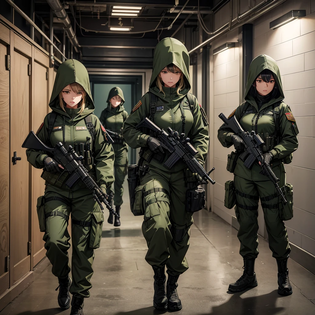 Four female soldiers holding submachine guns、Wearing dark green M-51 hooded military uniform、Hooded on head、Military Pants、Full set of individual equipment、Front view、Combat Shooting、corridor、best quality、Highly detailed CG、8K picture quality、Theatre lighting、lens flare