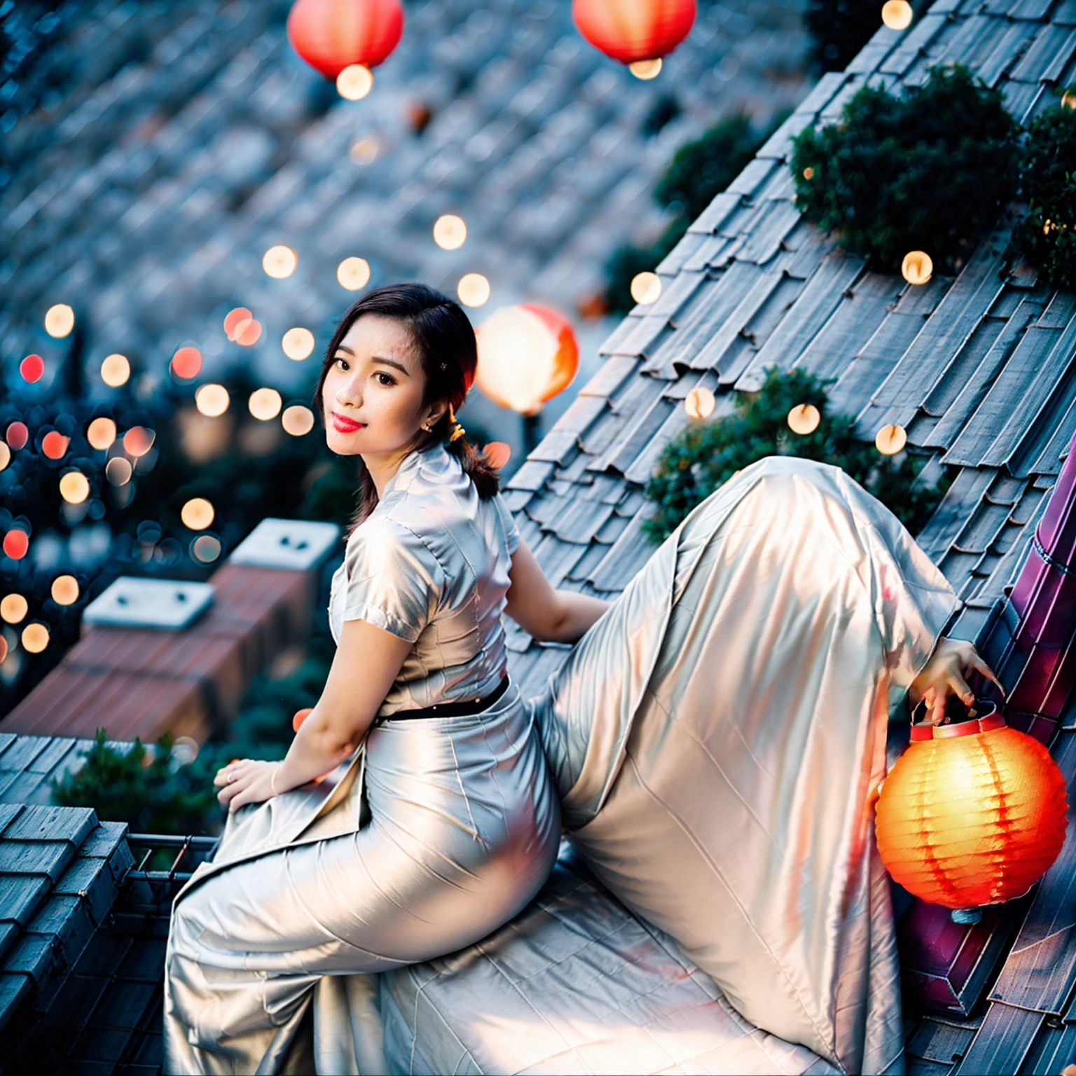 Burmese beautiful woman, 1 girl, solo, pretty lady MoonLay, innocent cute smile, red lips, (stylishly sitting on a stool and seductively gazing to the sky pose:1.5), smooth face skin, traditional beauty, cinematic portrait glow lighting, traditional dress, (white shirt:1.3), (red skirt:1.3), high heel, (full body view:2), (rooftop balcony with vibrant colorful hanging lanterns background:1.5), (cinematic bokeh blur background:1.5), cinematic lighting, perfect anatomy,