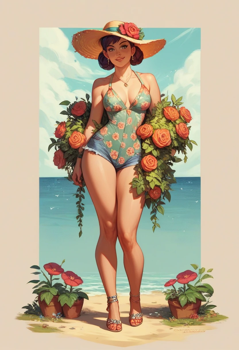 Floral garden outfit for beach with lot of acssesories, full body standing