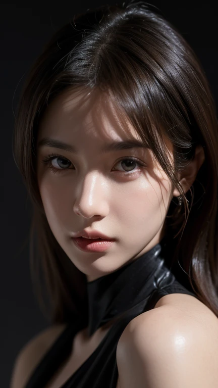 8K, RAW photo, best quality,masterpiece:1.2),(realistic, photo-realistic:1.4),(extremely detailed 8K wallpaper),One woman,Beautiful Face,Super detailed, (Bodysuits),(Dark Background),looking at the camera,Dim lighting,