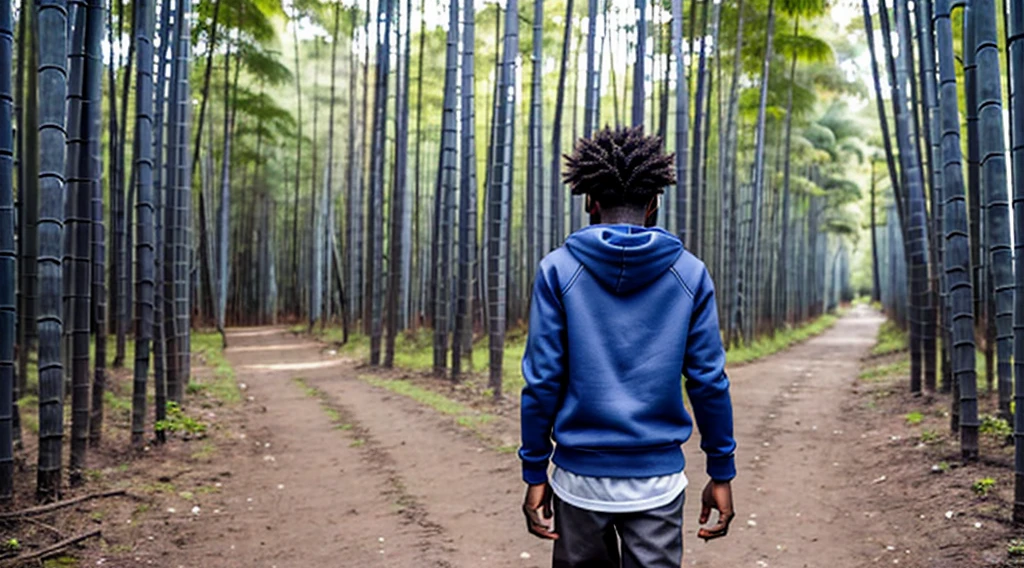 image of a black male teenager, 12 years old - wears a cotton knit sweatshirt - dark gray long sleeves - no print - short curly hair - wears long pants - wears leather sandals - runs with his back to the camera alone inside the forest - a Blue morpho butterfly by his side - narrow path through the bamboo forest -
