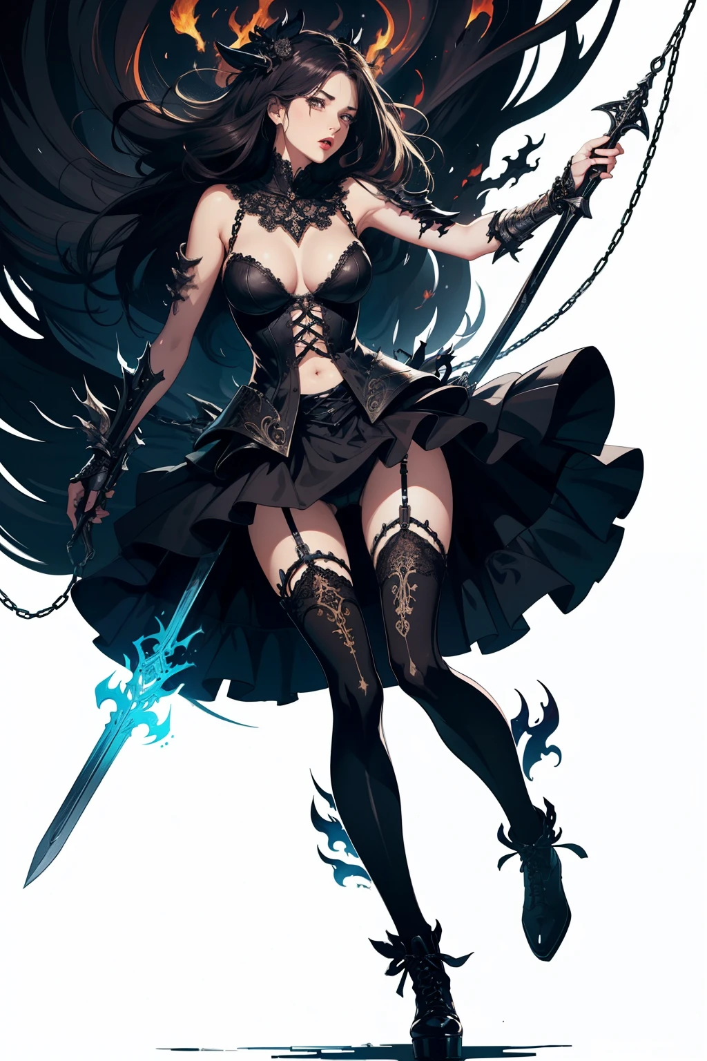 ((Finest quality)),(超A high resolution),(ultra-detailliert),(Meticulous portrayal),((Best Anime)),(Finest works of art),(Ultra-Precision Art),(The art of astounding depiction,Overwhelming depiction:1.5),(intricate and detailed art:1.6), (adult woman:1.5),(Hanging:1.6),Staring at this:1.4,sneering:1.5,(Armor shaped like a skeleton:1.3), (Black Flame:1.5), terrifying, nightmarish, cosmic horror, a heavenly female knight, biblical, very skinny, detailed, best quality, prominent collarbones, skinny arms, flat stomach, visible hip bones, dynamic poses, full body, red and white clothing, occult aesthetic, occult, detailed and intricate steampunk and detailed gothic, Fluttering lace flared long knee length dress with frilly petticoats, knee length dress, pleated petticoats, petticoats gothic, complex lace boots, gothic aesthetic, wielding a mighty sword with mechanical components, mandalas, full body, whole body, body, chains,