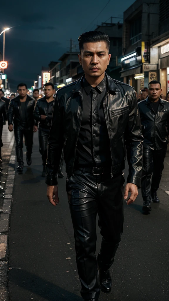 A handsome Indonesian mafia boss is walking coolly with a gang of mafia, wearing a shiny black leather jacket, Undercut hair is combed neatly, night road background, real photo, professional photo, clear photo, realistic photo, full HD, 4k