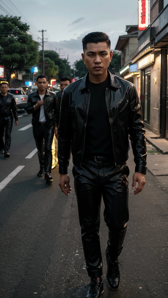 A handsome Indonesian mafia boss is walking coolly with a gang of mafia, wearing a shiny black leather jacket, Undercut hair is combed neatly, night road background, real photo, professional photo, clear photo, realistic photo, full HD, 4k 
