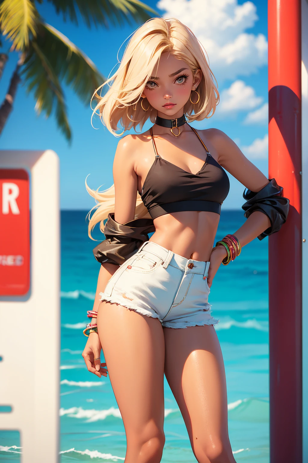 age girl-model 18 years old, hot slave naughty girl, beautiful, too much tanned, blonde, bob hair, bangs, brown eyes, beautiful figure, girl wearing crop shirt and too much short mini shorts, beautiful too much long legs, slave bracelets, slave choker, manicure, cute makeup, sweaty armpits, flirtatiously posing, hot summer, hot flirty, sexy posing, summer outfit, top quality, higest quality, pin-up style, retro 80s style, Daisy Dukes style, Miami vibes, Californian