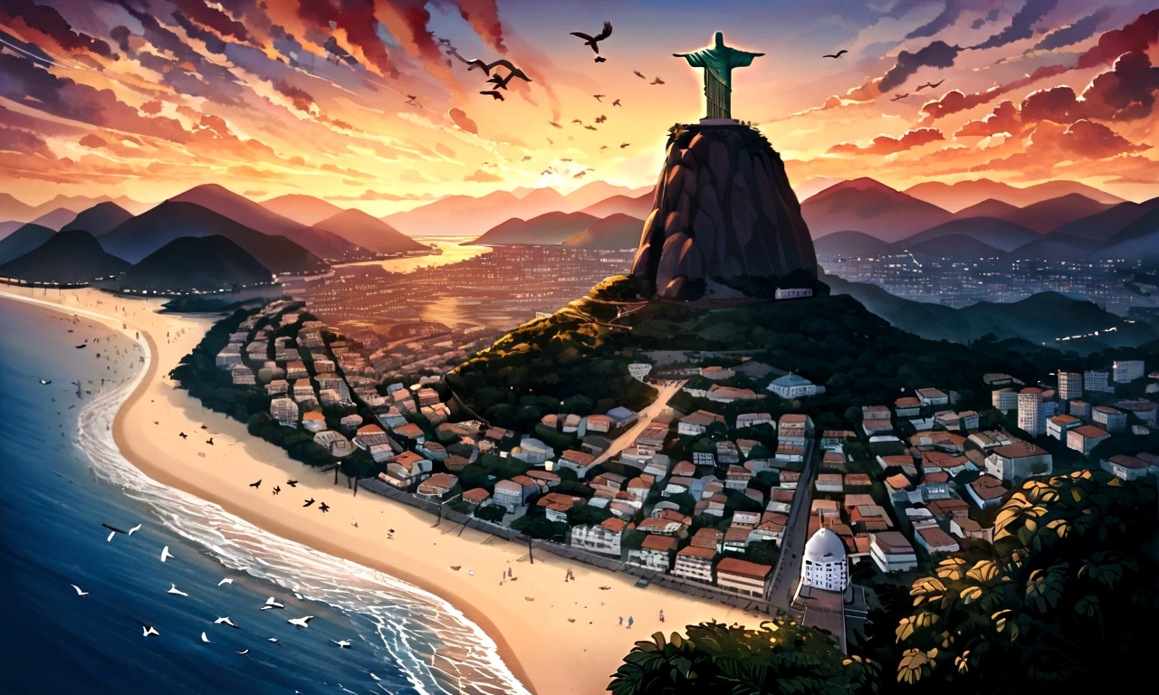 beach, sunset, statue of Christ the Redeemer on top of a mountain, Rio de Janeiro, Brazil, samba, birds in the sky, house, buildings colored with green and yellow