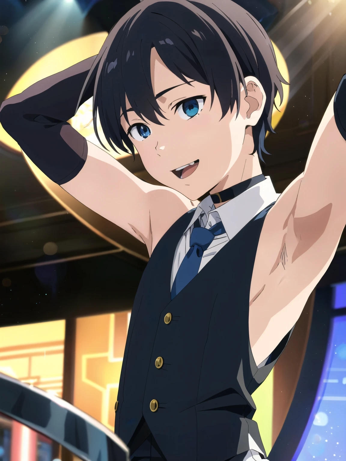 Highres, Masterpiece, Best quality at best,Best Quality,hight quality, hight detailed, Anime style, 1boy, Boy, Little boy, Shota, Solo person, Sleeveless vest, Tie, Choker, Casino, Waiter, night day, Slim body, smile, Body, blurry background, Seen from the front, The armpits of a 12 year old boy, Adorable little armpits, (Showing armpit:1.3), (very young boy), (very small and short body), Age 12,Uhd, bokeh