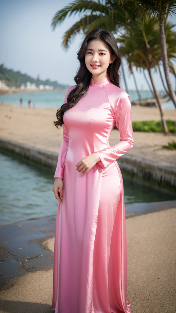 detailed body, attractive body, perfect human body, realistic face,
(ultimate quality, masterpiece, highres:1.0), realistic:1.6, photorealistic,
[8k UHD photos, UHD high quality photos, Super detailed and super clear images],
Close-up of a Vietnamese girl with a beautiful face and balanced body, leggy, round face, big round eyes, Charming smile, Red lips, long curly eyelashes, big dimples, pointed chin, plump face, Her face resembles Liu Yifei, Tall and plump figure,
wearing a bright and pink shiny satin ao dai, standing beside the beach, pose sexy,
Satin ao dai,