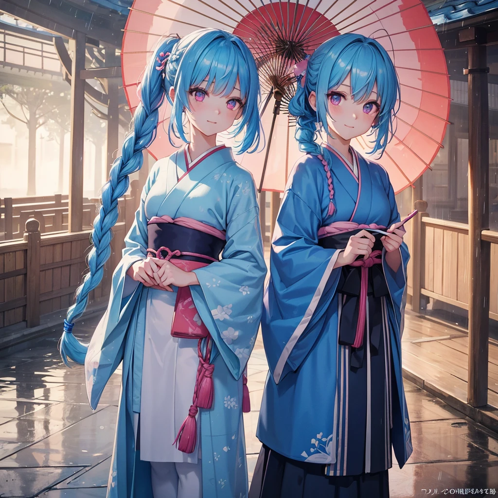 sky Blue hair, (braided ponytail),(pink eyes),fair skin ,(full body),(1 girl),smile,Straight Bangs,(masterpiece, best quality, ultra-detailed, best shadow), (detailed background), (beautiful detailed face), high contrast, (best illumination, an extremely delicate and beautiful), ((cinematic light)), colorful, hyper detail, dramatic light, intricate details,bright,rain shower,kyoto,Japanese Umbrella,