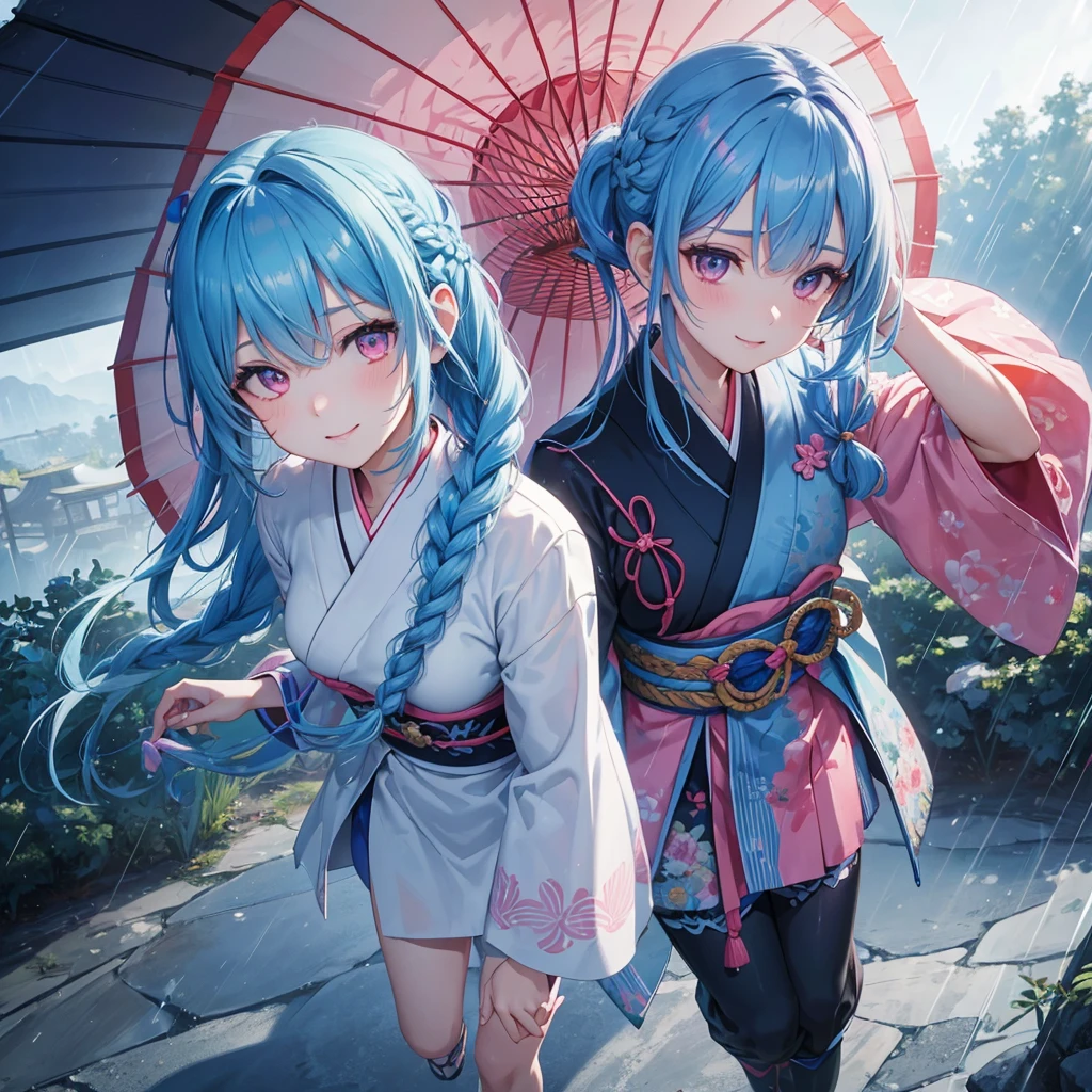 sky Blue hair, (braided ponytail),(pink eyes),fair skin ,(full body),(1 girl),smile,Straight Bangs,(masterpiece, best quality, ultra-detailed, best shadow), (detailed background), (beautiful detailed face), high contrast, (best illumination, an extremely delicate and beautiful), ((cinematic light)), colorful, hyper detail, dramatic light, intricate details,bright,rain shower,kyoto,Japanese Umbrella,