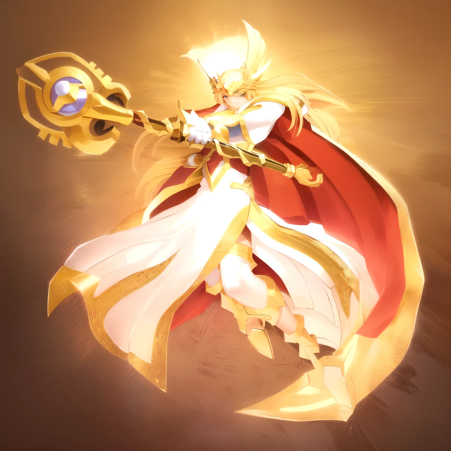 a cartoon of a woman with a sword and shield, golden paladin, digimon glamorous angelic woman, golden white robes, legendary god holding spear, full portrait of elementalist, knights of the zodiac girl, the god athena, The god emperor of humanity, epic magician girl character, gold and white cloak, portrait knights of the zodiac girl, Angelic golden armor