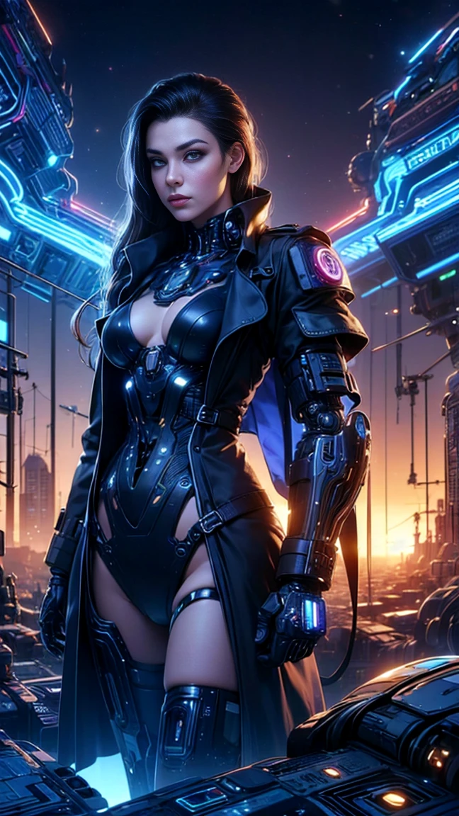A sexy tattooed cyber girl, beautiful detailed eyes,beautiful detailed lips,extremely detailed eyes and face,longeyelashes, wearing technological tools, in a futuristic planetary colony, surrounded by sinister and disturbing cyborgs, (best quality,4k,8k,highres,masterpiece:1.2),ultra-detailed,(realistic,photorealistic,photo-realistic:1.37),concept art, cyberpunk, dystopian, dark, dramatic lighting,moody atmosphere,vibrant colors,neon lights,cinematic,hyperrealistic,intricate details,advanced technology