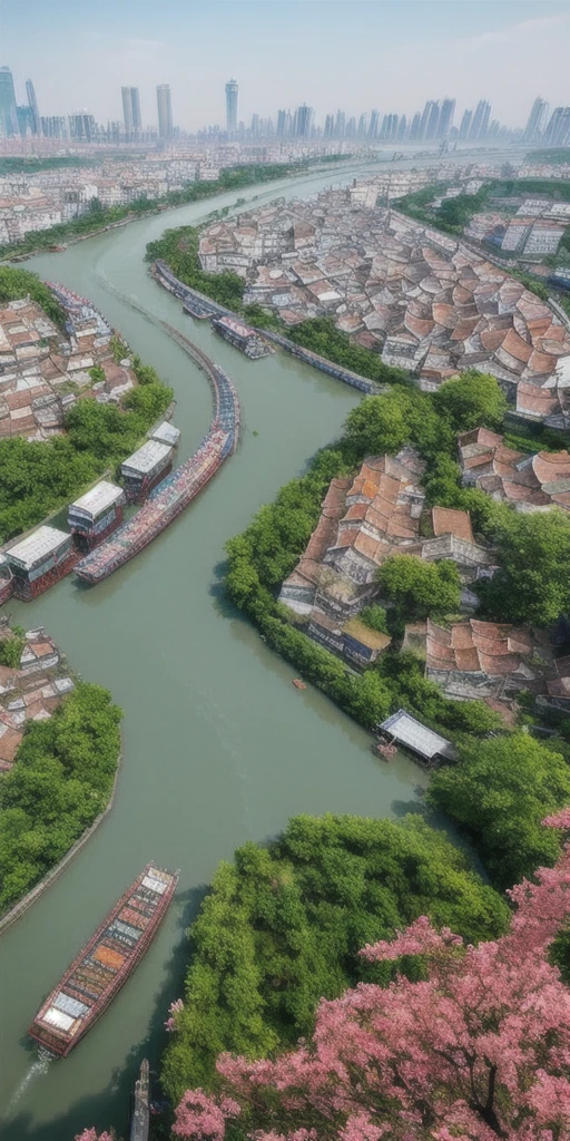 Along the River During the Qingming Festival，horizontal layout, high resolution, best quality, ultra-detailed, dynamic angle, floating, bustling cityscape, intricate details, historical architecture, flowing river, vivid colors, volumetric lighting, crowded boats and bridges, rich cultural background.