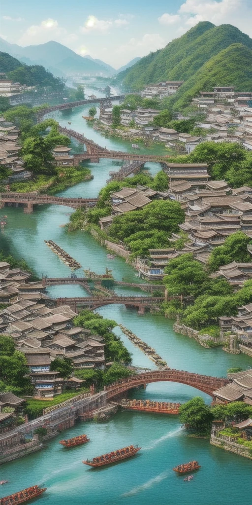 Along the River During the Qingming Festival，horizontal layout, high resolution, best quality, ultra-detailed, dynamic angle, floating, bustling cityscape, intricate details, historical architecture, flowing river, vivid colors, volumetric lighting, crowded boats and bridges, rich cultural background.